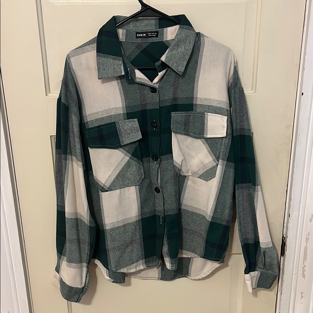 Green and White Plaid Button-Up Shirt